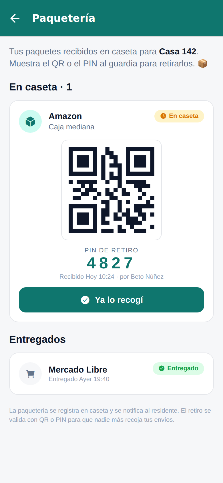 Paquetería: retiro con QR y PIN