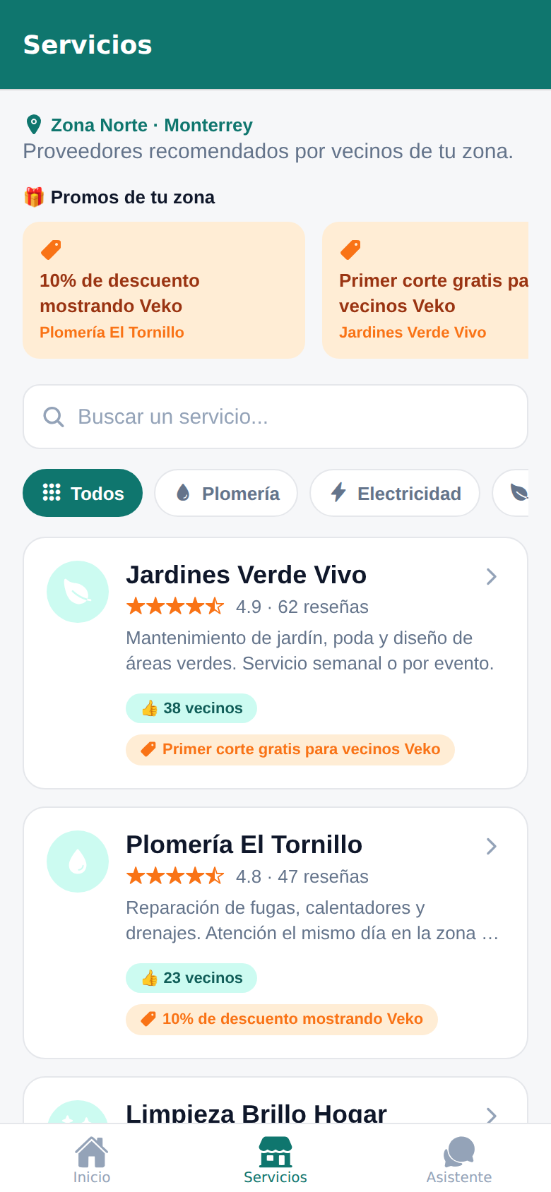 Servicios recomendados por zona